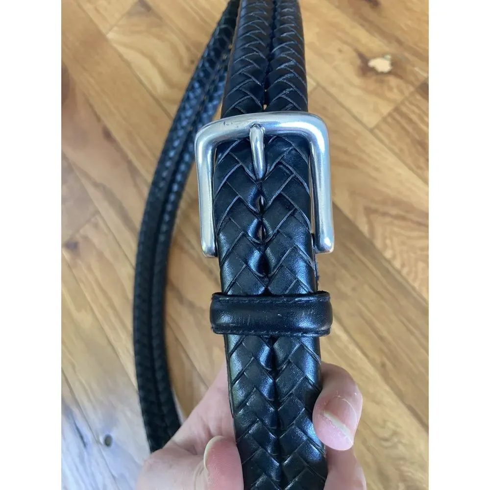 FOSSIL Black Woven Braided Genuine Leather Belt Buckle Men's Sz 38 Silver Buckle